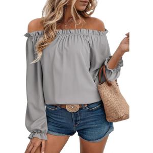 image:imageEVALESS Womens Tops Off The Shoulder Blouses for Women Dressy Casual Cute Puff Sleeve T Shirts Fashion 2026Sleet
