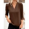 image:imageEVALESS Womens 34 Sleeve Tops Dressy Casual Pleated V Neck Business Work Blouses Office ShirtsCoffee