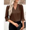 image:imageEVALESS Womens 34 Sleeve Tops Dressy Casual Pleated V Neck Business Work Blouses Office ShirtsCoffee