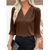 image:imageEVALESS Womens 34 Sleeve Tops Dressy Casual Pleated V Neck Business Work Blouses Office ShirtsCoffee