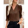 image:imageEVALESS Womens 34 Sleeve Tops Dressy Casual Pleated V Neck Business Work Blouses Office ShirtsCoffee