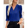 image:imageEVALESS Womens 34 Sleeve Tops Dressy Casual Pleated V Neck Business Work Blouses Office ShirtsDark Blue