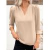 image:imageEVALESS Womens 34 Sleeve Tops Dressy Casual Pleated V Neck Business Work Blouses Office ShirtsOatmeal