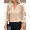 image:imageEVALESS Womens 34 Sleeve Tops Dressy Casual Pleated V Neck Business Work Blouses Office ShirtsOatmeal