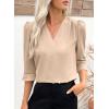 image:imageEVALESS Womens 34 Sleeve Tops Dressy Casual Pleated V Neck Business Work Blouses Office ShirtsOatmeal