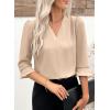 image:imageEVALESS Womens 34 Sleeve Tops Dressy Casual Pleated V Neck Business Work Blouses Office ShirtsOatmeal