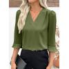 image:imageEVALESS Womens 34 Sleeve Tops Dressy Casual Pleated V Neck Business Work Blouses Office ShirtsVineyard Green
