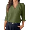 image:imageEVALESS Womens 34 Sleeve Tops Dressy Casual Pleated V Neck Business Work Blouses Office ShirtsVineyard Green