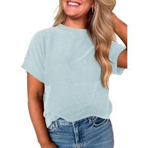 image:imageEVALESS Short Sleeve Shirts for Women Casual Spring Summer Tops Ribbed Knit Striped Womens Tops Crewneck Loose Fit T ShirtsBeau Blue