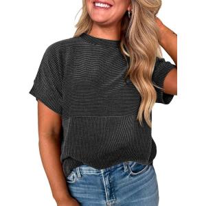 image:imageEVALESS Short Sleeve Shirts for Women Casual Spring Summer Tops Ribbed Knit Striped Womens Tops Crewneck Loose Fit T ShirtsBlack