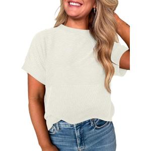 image:imageEVALESS Short Sleeve Shirts for Women Casual Spring Summer Tops Ribbed Knit Striped Womens Tops Crewneck Loose Fit T ShirtsWhite