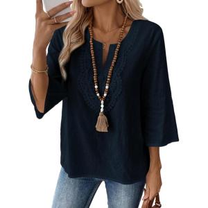 image:imageEVALESS Boho Tops for Women Blouses Dressy Casual V Neck 34 Sleeve Shirts Spring Outfits Trendy Vacation ClothesNavy Blue