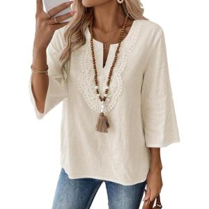 image:imageEVALESS Boho Tops for Women Blouses Dressy Casual V Neck 34 Sleeve Shirts Spring Outfits Trendy Vacation ClothesParchment
