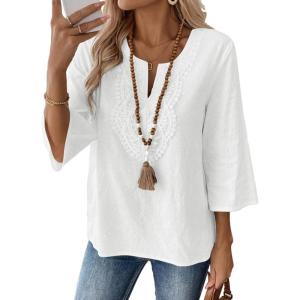 image:imageEVALESS Boho Tops for Women Blouses Dressy Casual V Neck 34 Sleeve Shirts Spring Outfits Trendy Vacation ClothesWhite