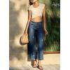 image:imageEVALESS Jeans for Women Stretchy Distressed Washed Straight Leg Frayed Raw Hem Denim Ankle Pants with PocketsDark Blue