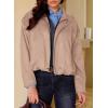 image:imageEVALESS Womens Faux Suede Bomber Jackets Long Sleeve Fall Coats Zip Up Cropped Jacket Trendy Winter Warm OuterwearLight Khaki