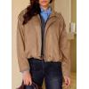 image:imageEVALESS Womens Faux Suede Bomber Jackets Long Sleeve Fall Coats Zip Up Cropped Jacket Trendy Winter Warm OuterwearPale Khaki