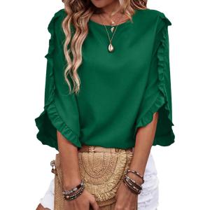 image:imageEVALESS 34 Length Sleeve Womens Tops Dressy Casual Blouses Crewneck Ruffle Sleeve Shirts Spring Outfits Business Work TopsDark Green