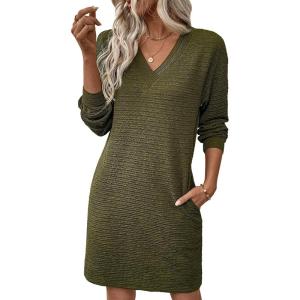 image:imageEVALESS Spring Dresses for Women 2026 Fashion V Neck Long Sleeve Summer Mini Dress Casual Beach Vacation Clothes DressesMoss Green