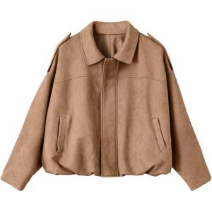 image:imageEVALESS Womens Faux Suede Bomber Jackets Long Sleeve Fall Coats Zip Up Cropped Jacket Trendy Winter Warm OuterwearPale Khaki