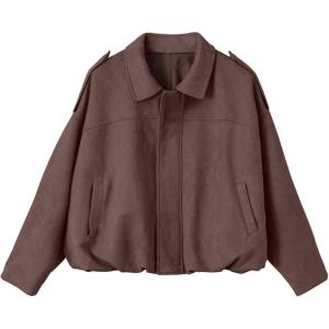image:imageEVALESS Womens Faux Suede Bomber Jackets Long Sleeve Fall Coats Zip Up Cropped Jacket Trendy Winter Warm OuterwearToadstool