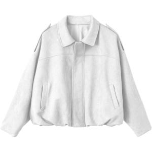 image:imageEVALESS Womens Faux Suede Bomber Jackets Long Sleeve Fall Coats Zip Up Cropped Jacket Trendy Winter Warm OuterwearWhite
