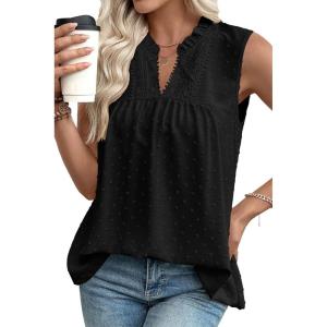 image:imageEVALESS Womens Tops Lace V Neck Dressy Casual Sleeveless Blouses Elegant Swiss Dot Smocked Shirts Spring FashionBlack