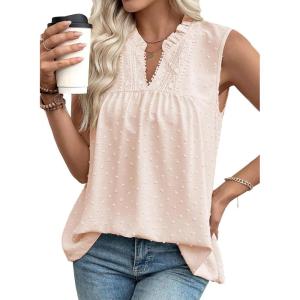image:imageEVALESS Womens Tops Lace V Neck Dressy Casual Sleeveless Blouses Elegant Swiss Dot Smocked Shirts Spring FashionOatmeal