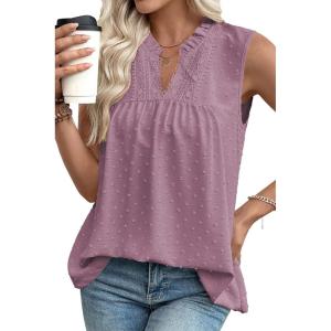 image:imageEVALESS Womens Tops Lace V Neck Dressy Casual Sleeveless Blouses Elegant Swiss Dot Smocked Shirts Spring FashionOrchid Bouquet