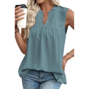 image:imageEVALESS Womens Tops Lace V Neck Dressy Casual Sleeveless Blouses Elegant Swiss Dot Smocked Shirts Spring FashionTurquoise