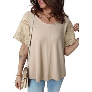 image:imageEVALESS Womens Tops Spring Summer Ribbed Texture Embroidery Short Sleeve Crewneck T ShirtsApricot