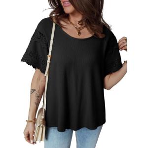 image:imageEVALESS Womens Tops Spring Summer Ribbed Texture Embroidery Short Sleeve Crewneck T ShirtsBlack