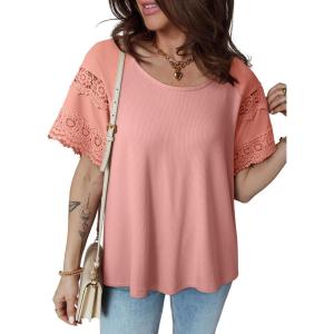 image:imageEVALESS Womens Tops Spring Summer Ribbed Texture Embroidery Short Sleeve Crewneck T ShirtsPink