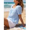 image:imageEVALESS Tops for Women Short Sleeve Tunic Blouse Square Neck Gingham Tops Cotton Blend Plaid Shirt Cute Checkered ShirtBlue