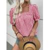 image:imageEVALESS Tops for Women Short Sleeve Tunic Blouse Square Neck Gingham Tops Cotton Blend Plaid Shirt Cute Checkered ShirtRed