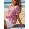 image:imageEVALESS Tops for Women Short Sleeve Tunic Blouse Square Neck Gingham Tops Cotton Blend Plaid Shirt Cute Checkered ShirtRed