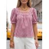 image:imageEVALESS Tops for Women Short Sleeve Tunic Blouse Square Neck Gingham Tops Cotton Blend Plaid Shirt Cute Checkered ShirtRed