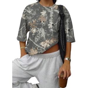 image:imageEVALESS Womens Camo Shirt Summer Graphic Tee Crewneck Short Sleeve Oversized Maple Leaf Camouflage Print TopsDark Gray Camo