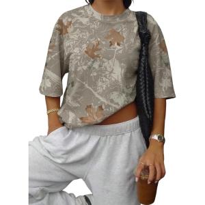 image:imageEVALESS Womens Camo Shirt Summer Graphic Tee Crewneck Short Sleeve Oversized Maple Leaf Camouflage Print TopsGrey Camo
