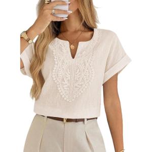 image:imageEVALESS Womens Tops Summer Trendy Dressy Casual Boho V Neck Short Sleeve Shirts Work Business Cute Loose BlousesBeige