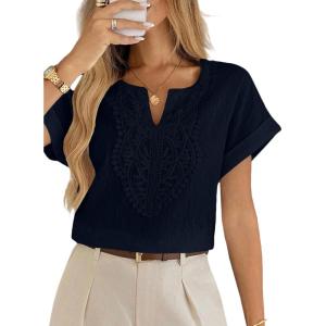 image:imageEVALESS Womens Tops Summer Trendy Dressy Casual Boho V Neck Short Sleeve Shirts Work Business Cute Loose BlousesNavy Blue