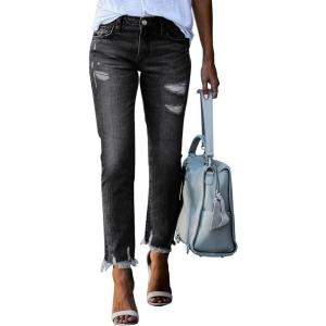 image:imageEVALESS Womens High Waisted Tummy Control Straight Ankle Ripped JeansBlack