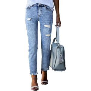 image:imageEVALESS Womens High Waisted Tummy Control Straight Ankle Ripped JeansSky Blue Wash