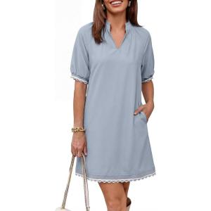 image:imageEVALESS Dresses for Women Casual V Neck Holiday Dress Loose Ruffle Wedding Guest Dresse 2026 Summer Dress with PocketsBeau Blue