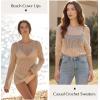 image:imageEVALESS Womens Sweaters Casual 2026 Spring Summer Crochet Hollow Out Tops Crewneck Long Sleeve Beach Cover Ups Cruise Outfits1a White