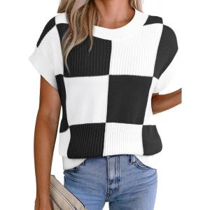 image:imageEVALESS Short Sleeve Sweater for Women Crewneck Color Block Knit Tops 2026 Spring Trendy Cap Sleeve Sweater VestBlack