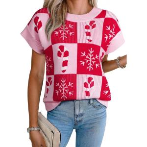 image:imageEVALESS Short Sleeve Sweater for Women Crewneck Color Block Knit Tops 2026 Spring Trendy Cap Sleeve Sweater VestChristmas Pink