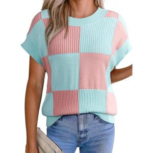 image:imageEVALESS Short Sleeve Sweater for Women Crewneck Color Block Knit Tops 2026 Spring Trendy Cap Sleeve Sweater VestLight Pink