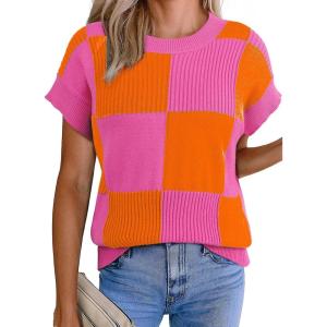image:imageEVALESS Short Sleeve Sweater for Women Crewneck Color Block Knit Tops 2026 Spring Trendy Cap Sleeve Sweater VestOrange