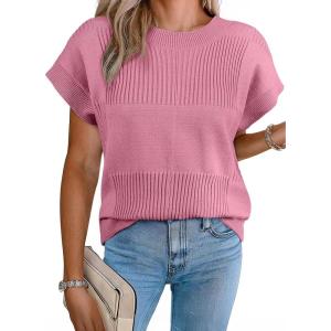 image:imageEVALESS Short Sleeve Sweater for Women Crewneck Color Block Knit Tops 2026 Spring Trendy Cap Sleeve Sweater VestRose Pink